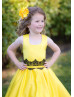 Square Neck Sleeveless Yellow Satin Lace Trim Flower Girl Dress